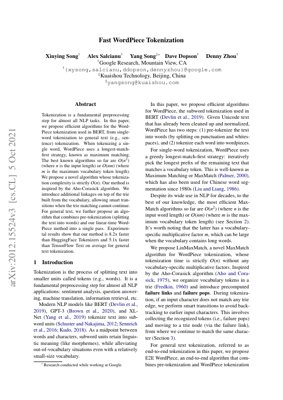 PDF Document Cover - Fast WordPiece Tokenization: A Linear-Time Algorithm for BERT and Beyond